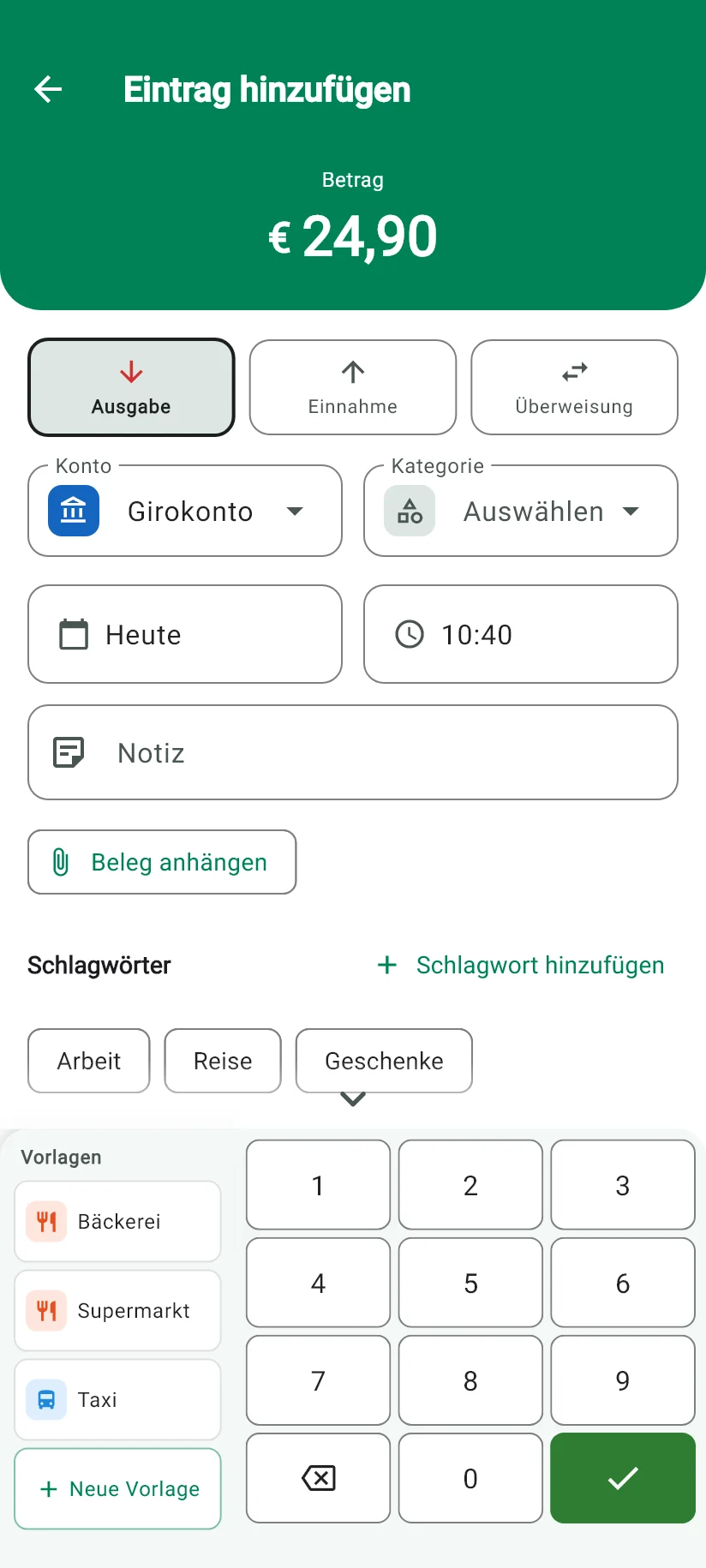 Eingabemaske von Monely mit eingegebenem Betrag, Konto, Kategorie und Ziffernfeld