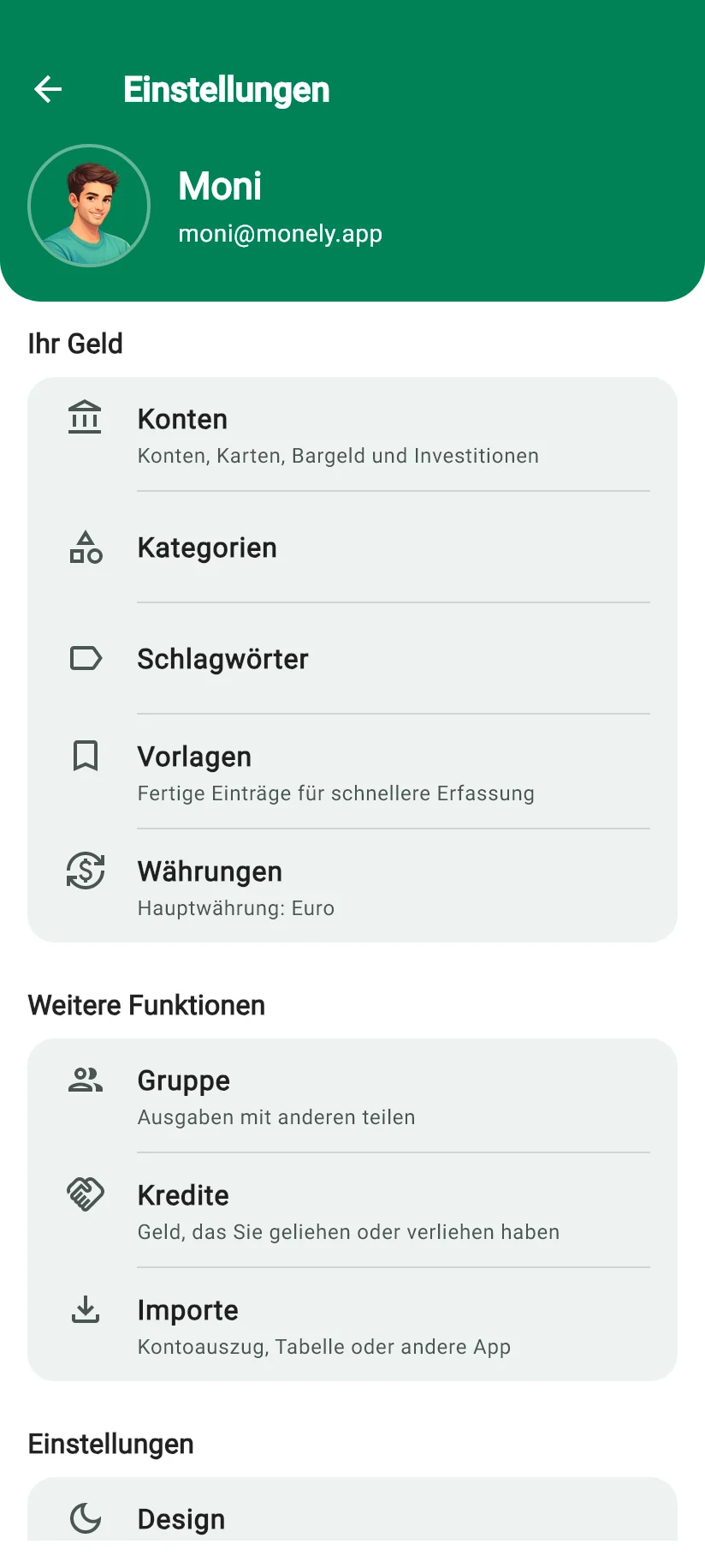 Ansicht Einstellungen in Monely mit Konten, Kategorien, Schlagwörtern, Vorlagen und Währungen sowie den Funktionen Gruppe, Kredite und Importe