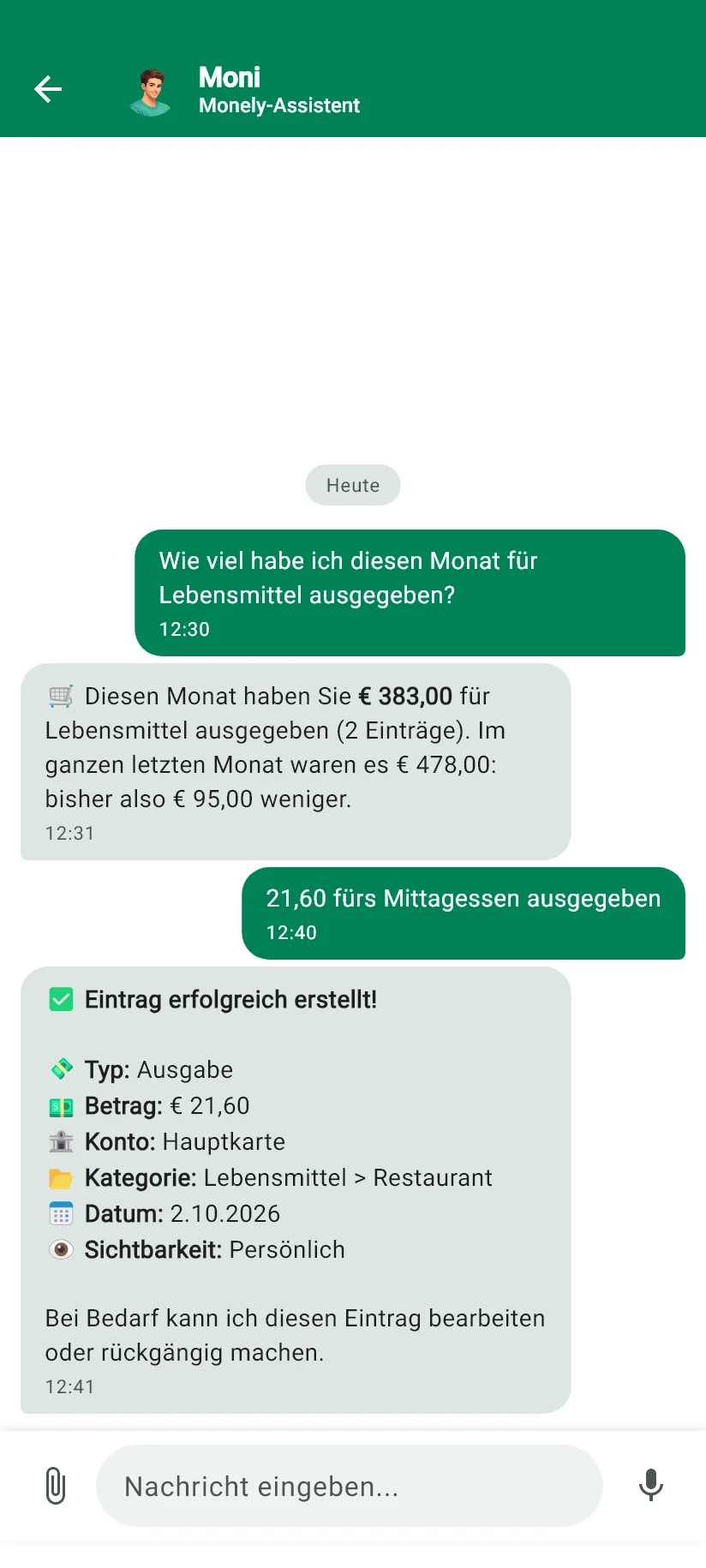 Chat mit Moni in der App, mit einer Frage zu Ausgaben und einer erfassten Ausgabe
