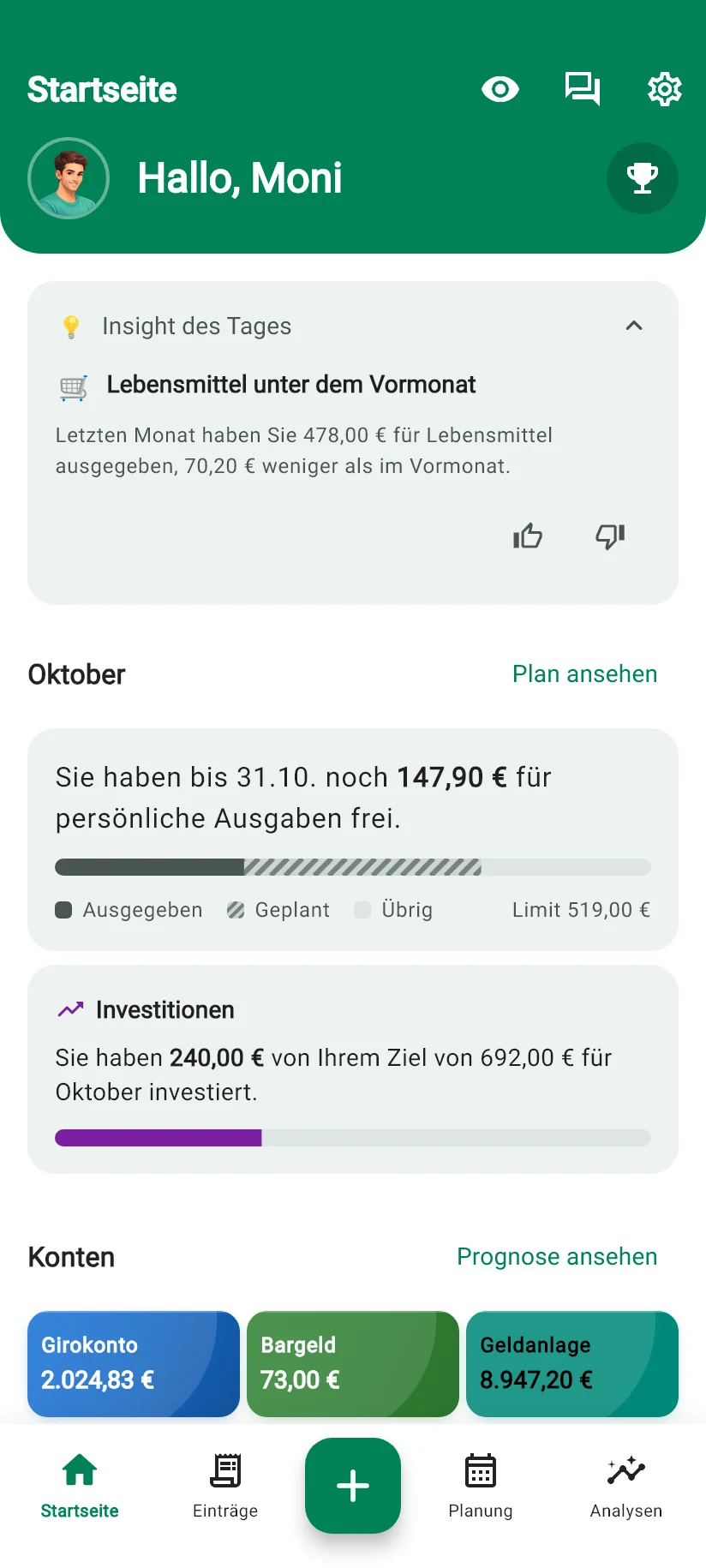 Startseite von Monely mit Insight des Tages, Monatsübersicht und Konten