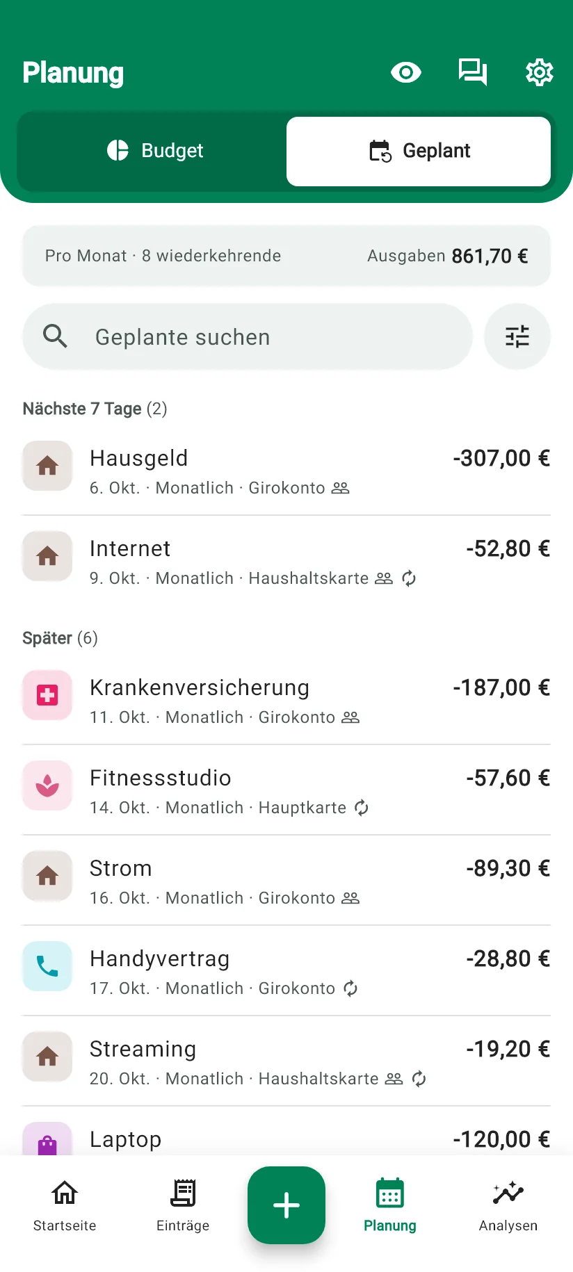Ansicht Planung in Monely mit den geplanten Zahlungen des Monats