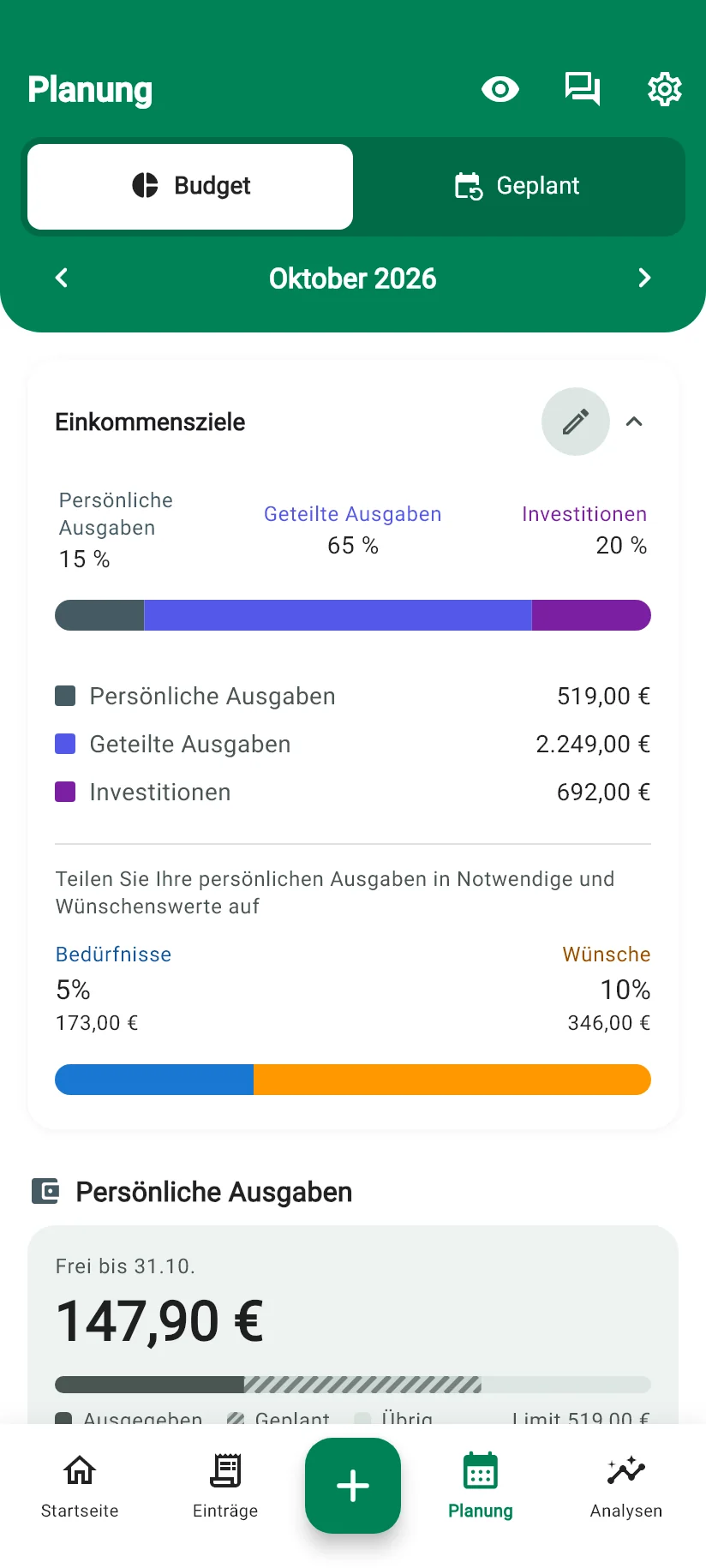 Ansicht Planung in Monely mit Einkommenszielen und dem Limit für persönliche Ausgaben