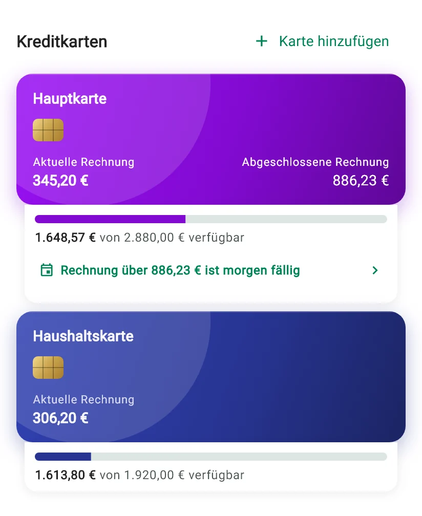 Kreditkarten auf der Startseite von Monely mit aktueller und abgeschlossener Rechnung und verfügbarem Limit