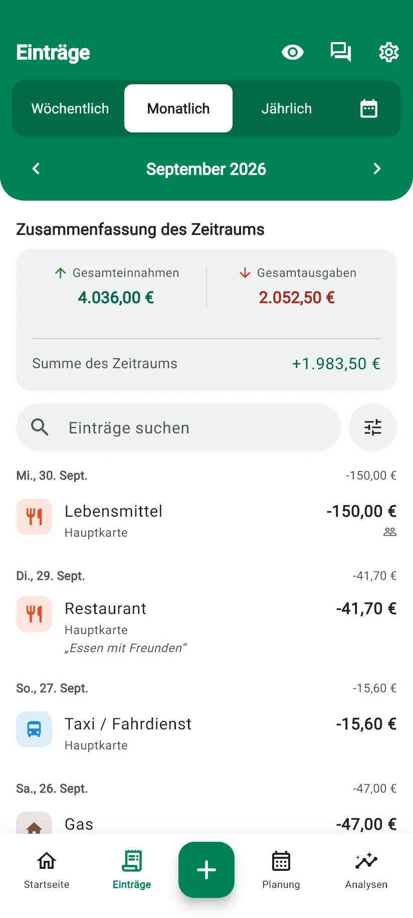 Ansicht Einträge in Monely mit Zusammenfassung des Zeitraums und den Buchungen nach Tag
