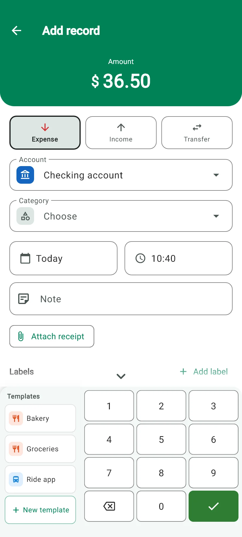 Monely entry screen with the amount typed in, the account, the category and the keypad
