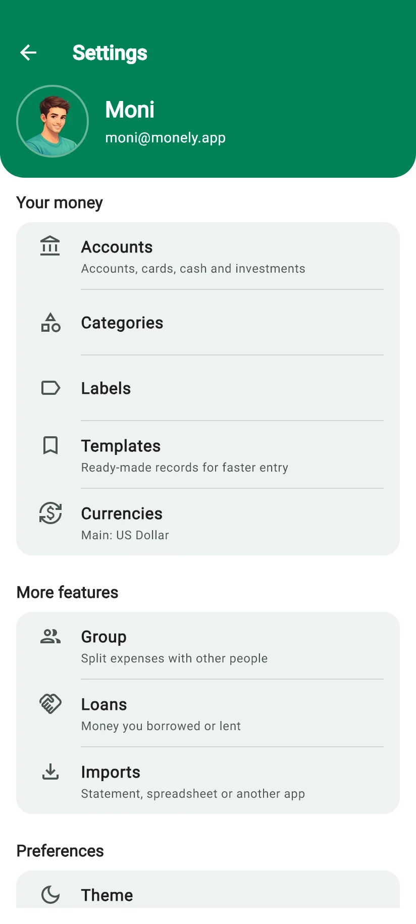 Monely Settings screen with accounts, categories, labels, templates and currencies, and the Group, Loans and Imports features