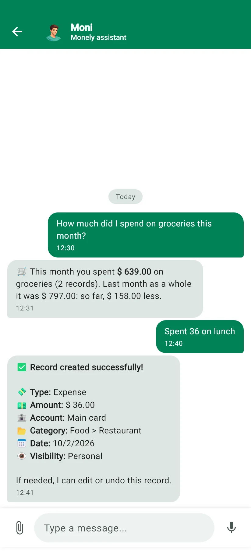Chat with Moni inside the app, with a question about spending and an expense being recorded