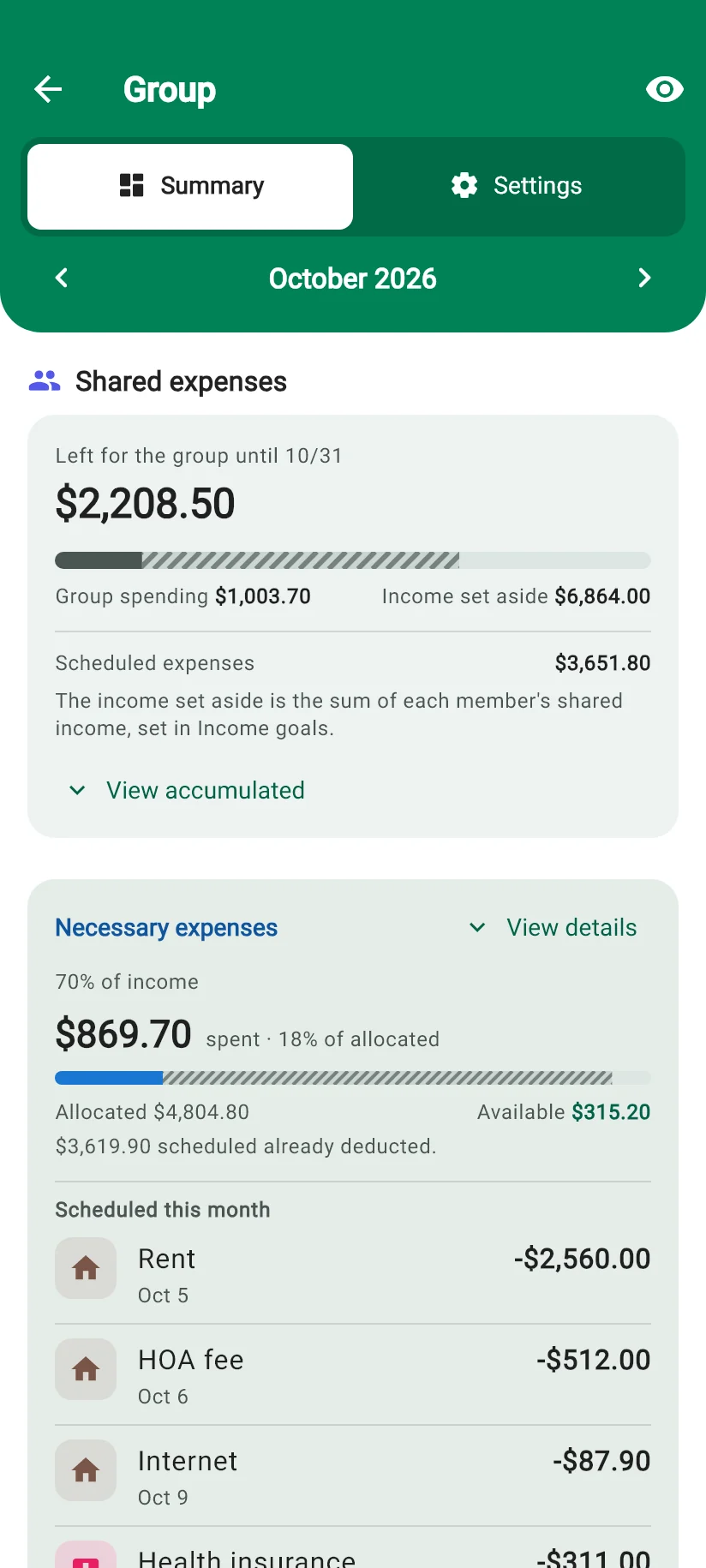 Monely Group screen with the expenses shared by Moni and Lia