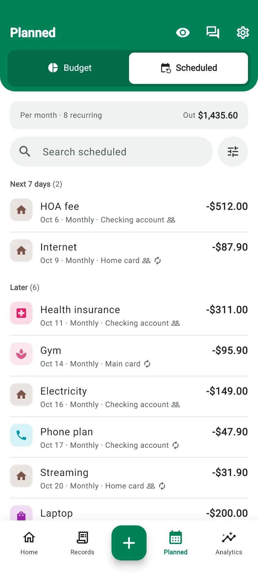 Monely Planned screen with the month’s scheduled payments