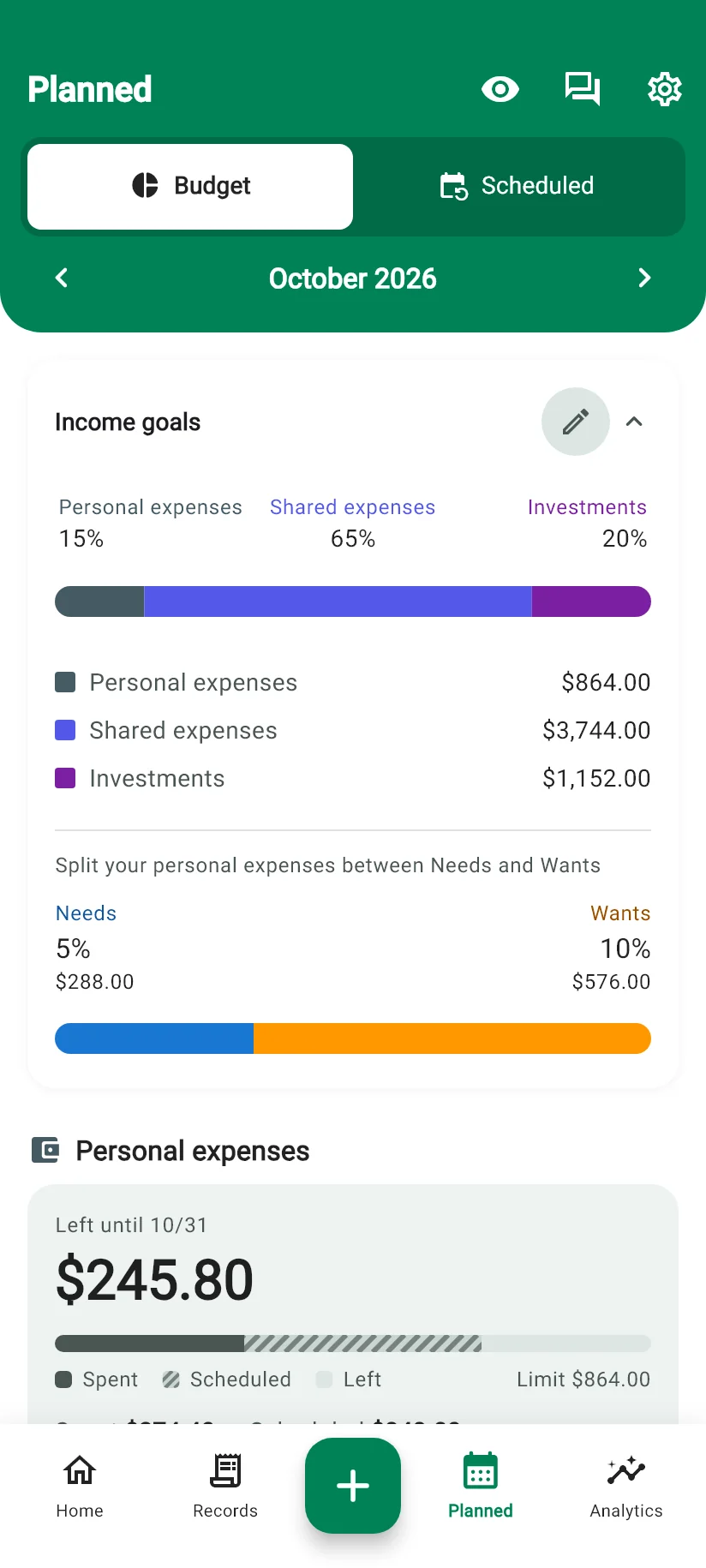 Monely Planned screen with income goals and the personal spending limit