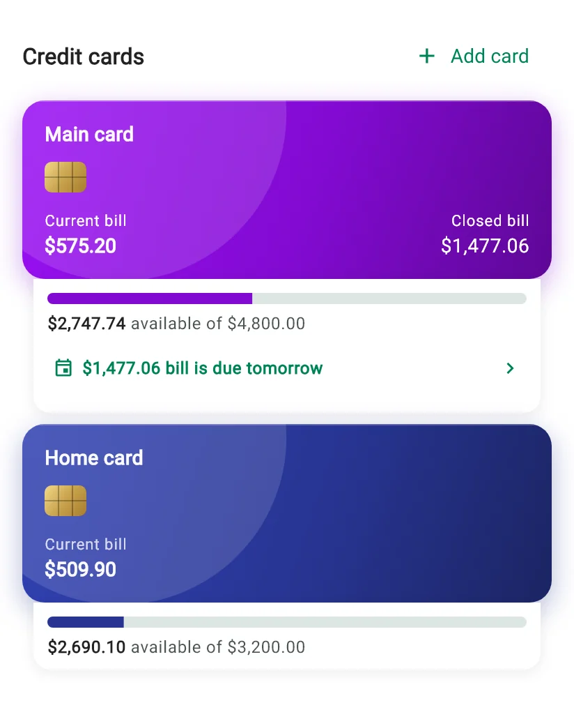 Credit cards on the Monely Home screen, with current bill, closed bill and available limit
