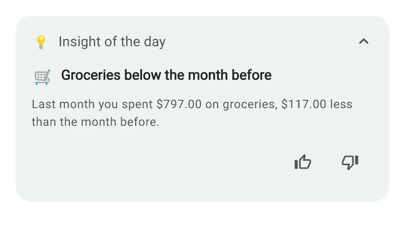 Insight of the day on the Monely Home screen, comparing grocery spending with the previous month