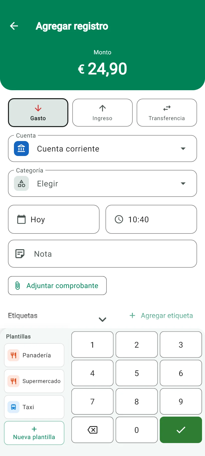 Pantalla de registro de Monely con el importe escrito, la cuenta, la categoría y el teclado
