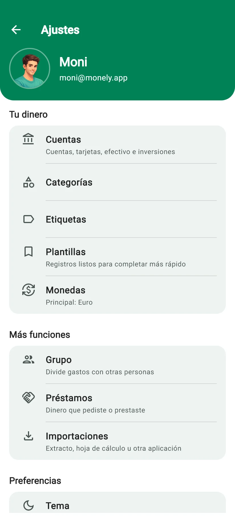 Pantalla Ajustes de Monely con cuentas, categorías, etiquetas, plantillas y monedas, y las funciones Grupo, Préstamos e Importaciones