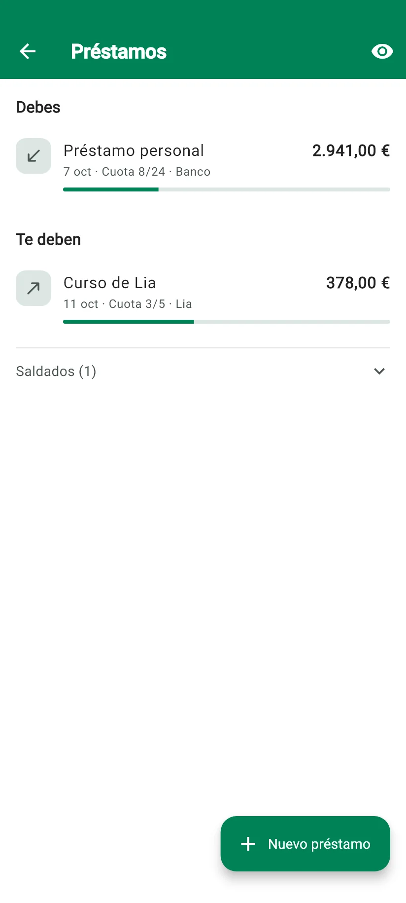 Pantalla Préstamos de Monely con lo que debes, lo que te deben y cuánto falta