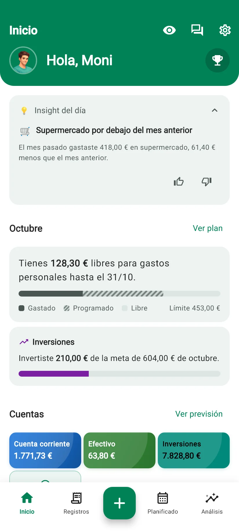 Pantalla Inicio de Monely con el Insight del día, el resumen del mes y las cuentas