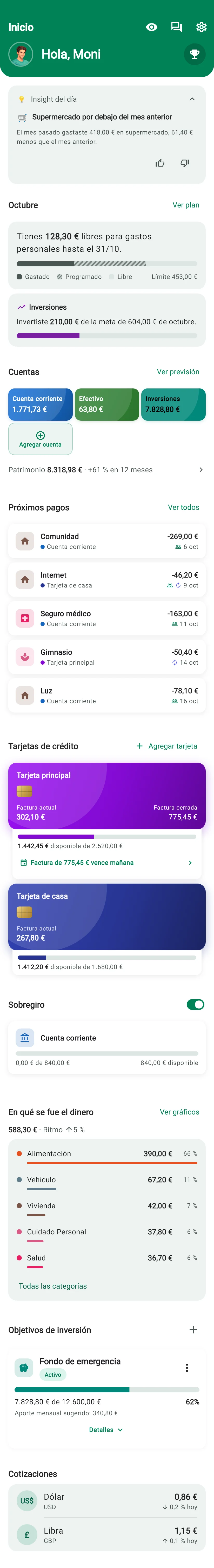 Pantalla Inicio de Monely con el Insight del día, el resumen del mes, las cuentas, los próximos pagos y las tarjetas