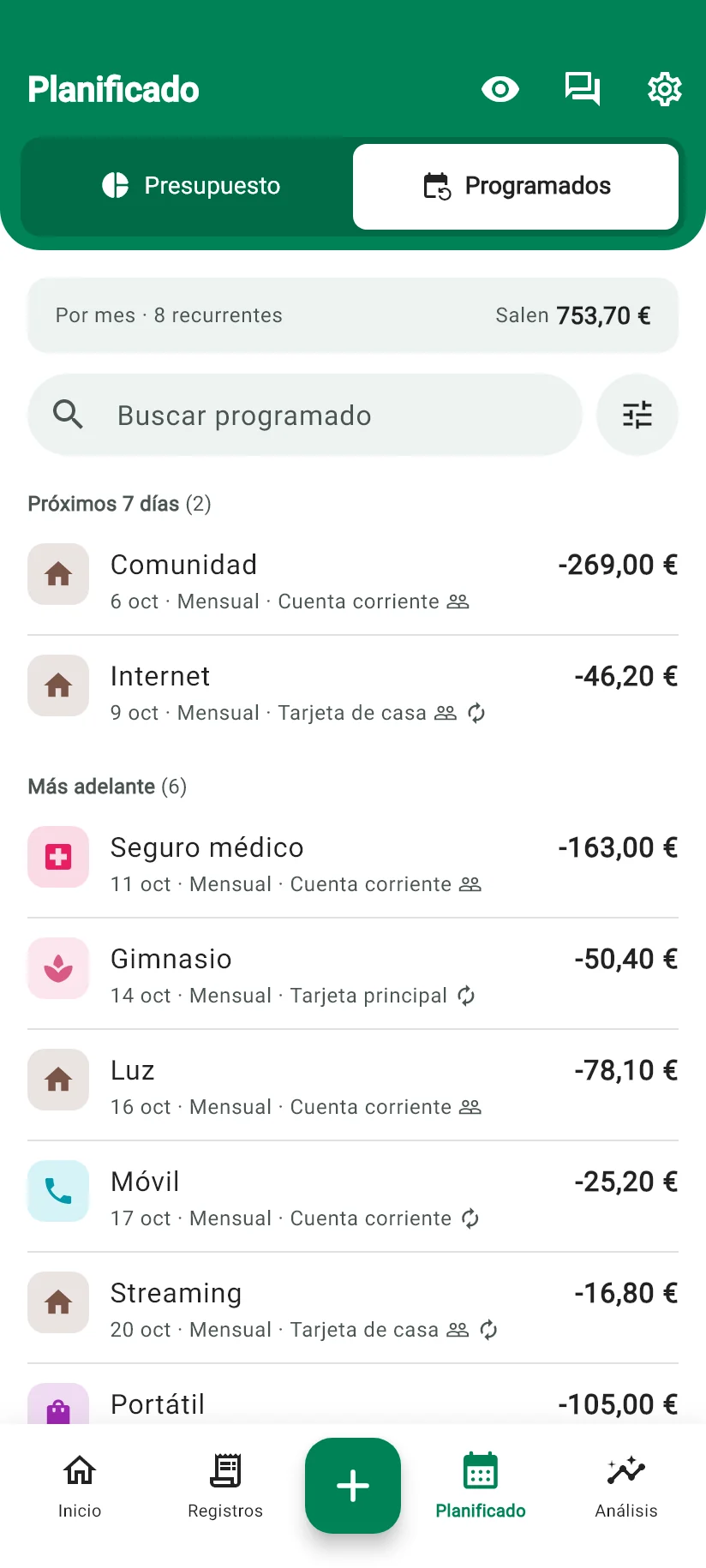 Pantalla Planificado de Monely con los pagos programados del mes