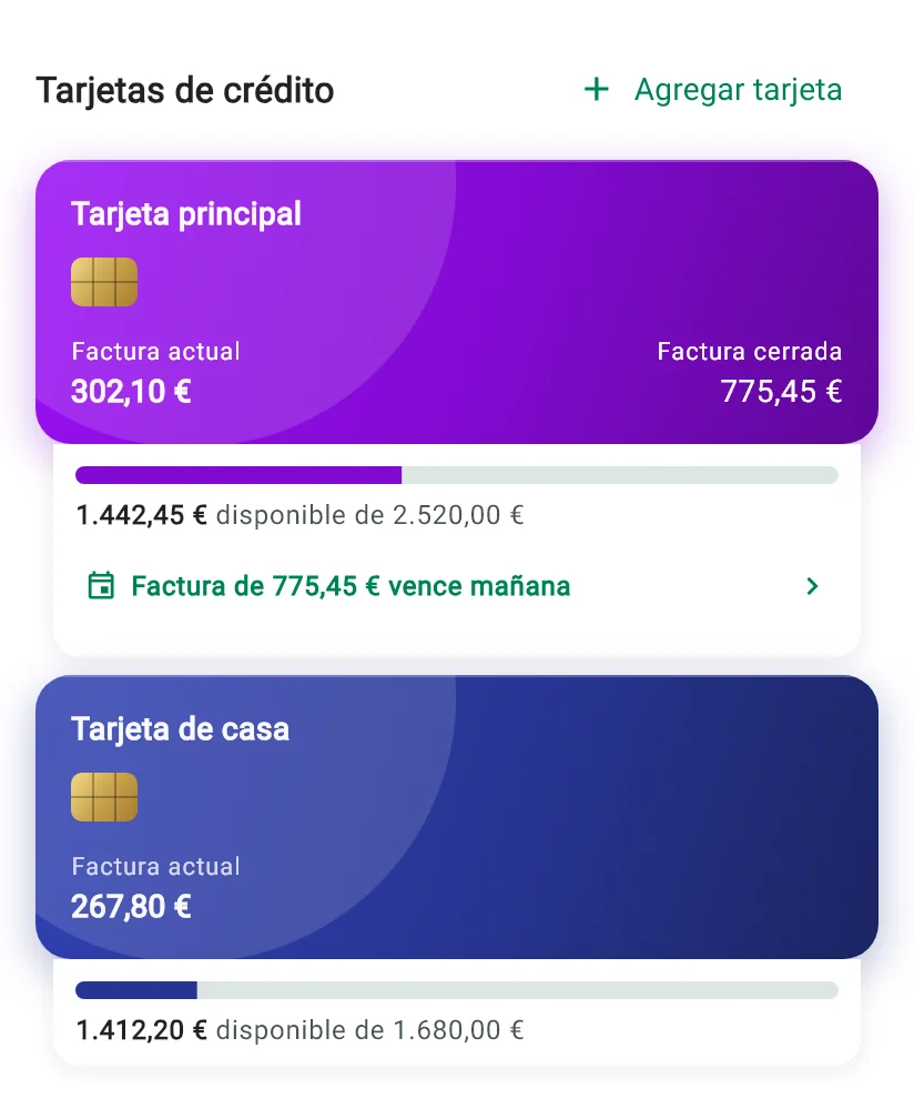 Tarjetas de crédito en la pantalla de inicio de Monely, con factura actual, factura cerrada y límite disponible