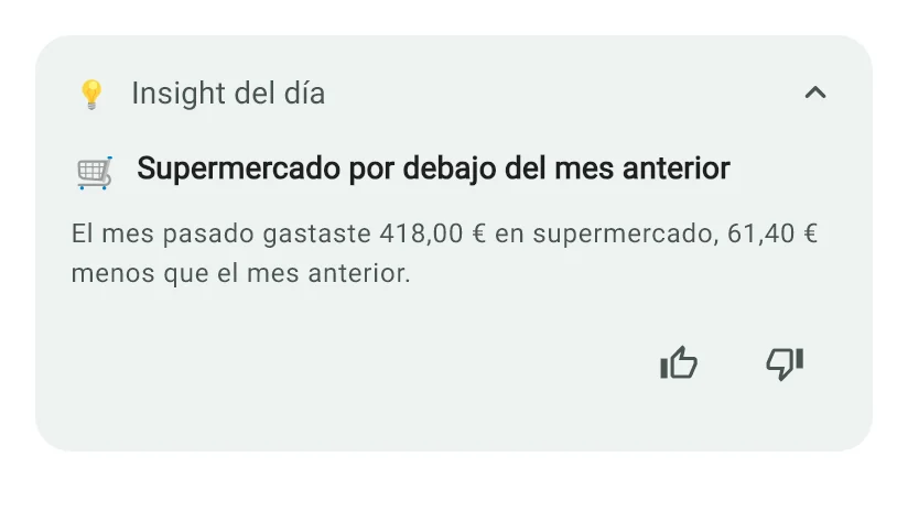 Insight del día en la pantalla de inicio de Monely, que compara el gasto en el súper con el mes anterior
