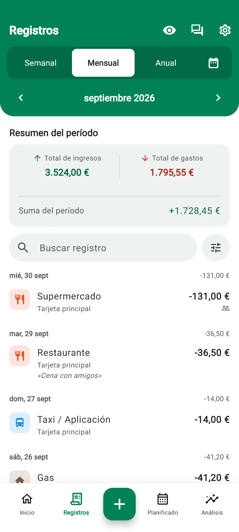 Pantalla Registros de Monely con el resumen del período y la lista de movimientos por día