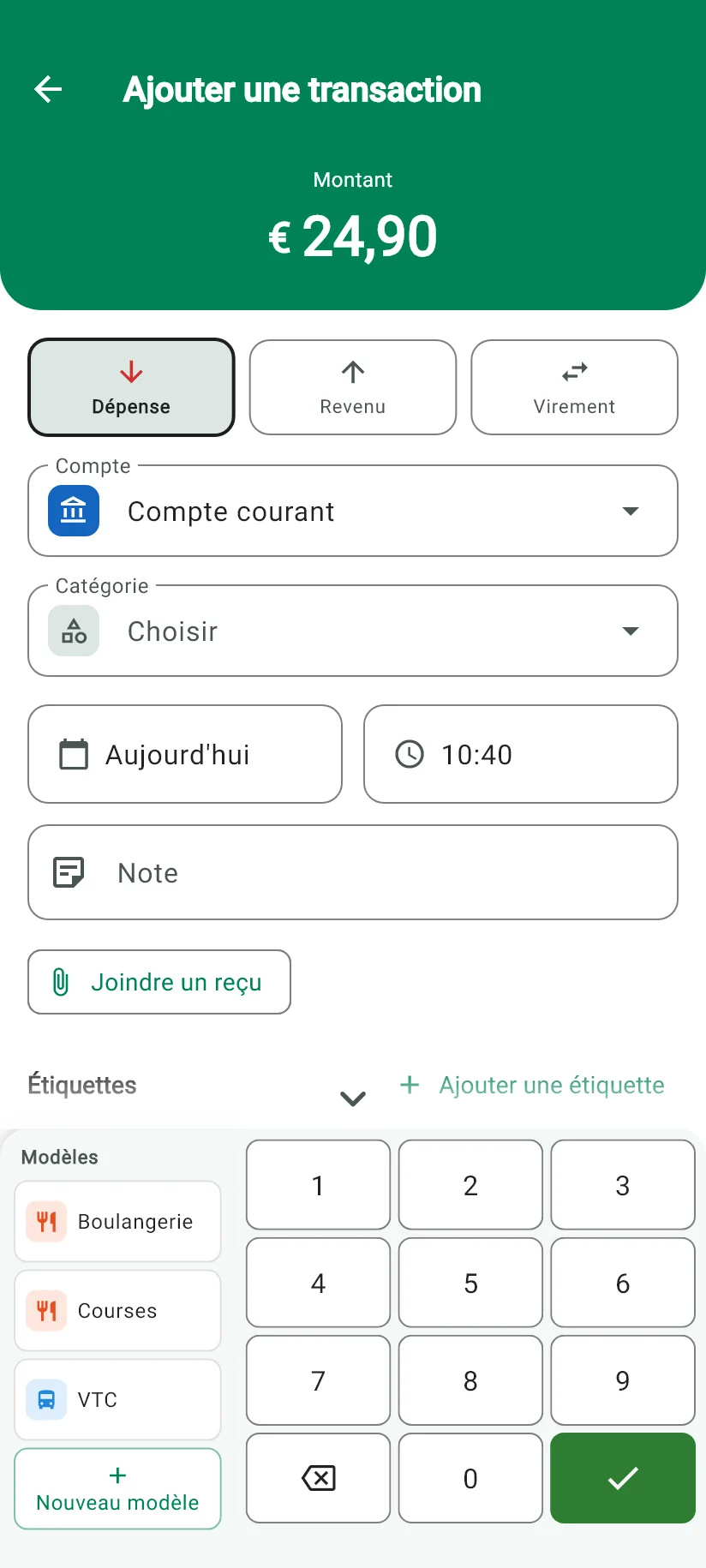 Écran de saisie de Monely avec le montant tapé, le compte, la catégorie et le clavier