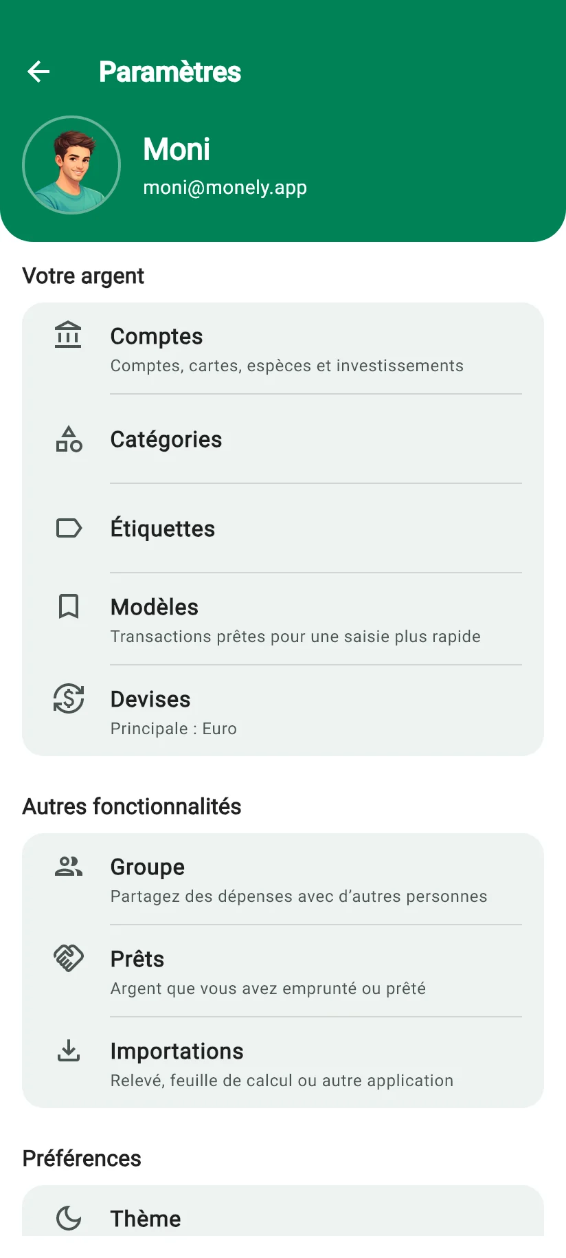 Écran Paramètres de Monely avec comptes, catégories, étiquettes, modèles et devises, et les fonctions Groupe, Prêts et Importations