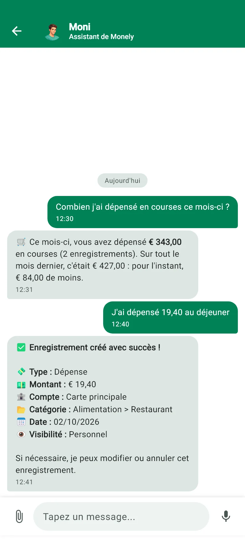 Conversation avec Moni dans l’application, avec une question sur les dépenses et la saisie d’une dépense