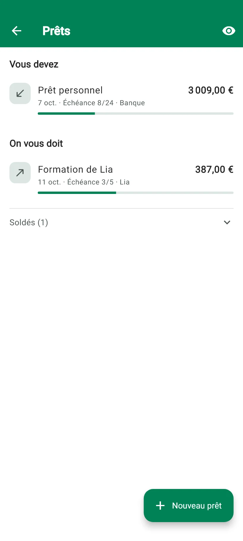 Écran Prêts de Monely avec ce que vous devez, ce qu’on vous doit et ce qu’il reste