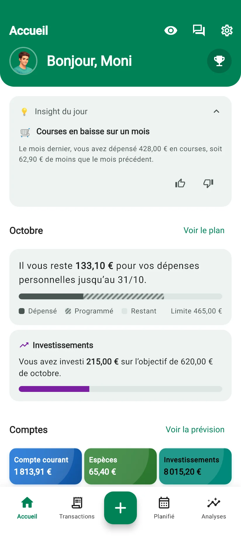 Écran Accueil de Monely avec l'Insight du jour, le résumé du mois et les comptes