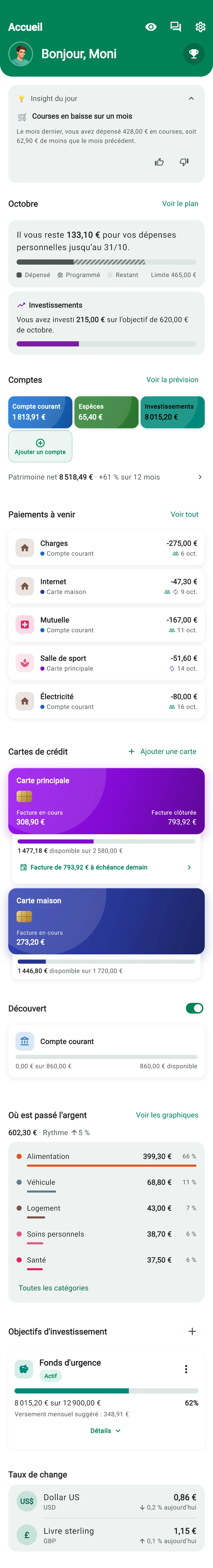 Écran Accueil de Monely avec l’Insight du jour, le résumé du mois, les comptes, les paiements à venir et les cartes