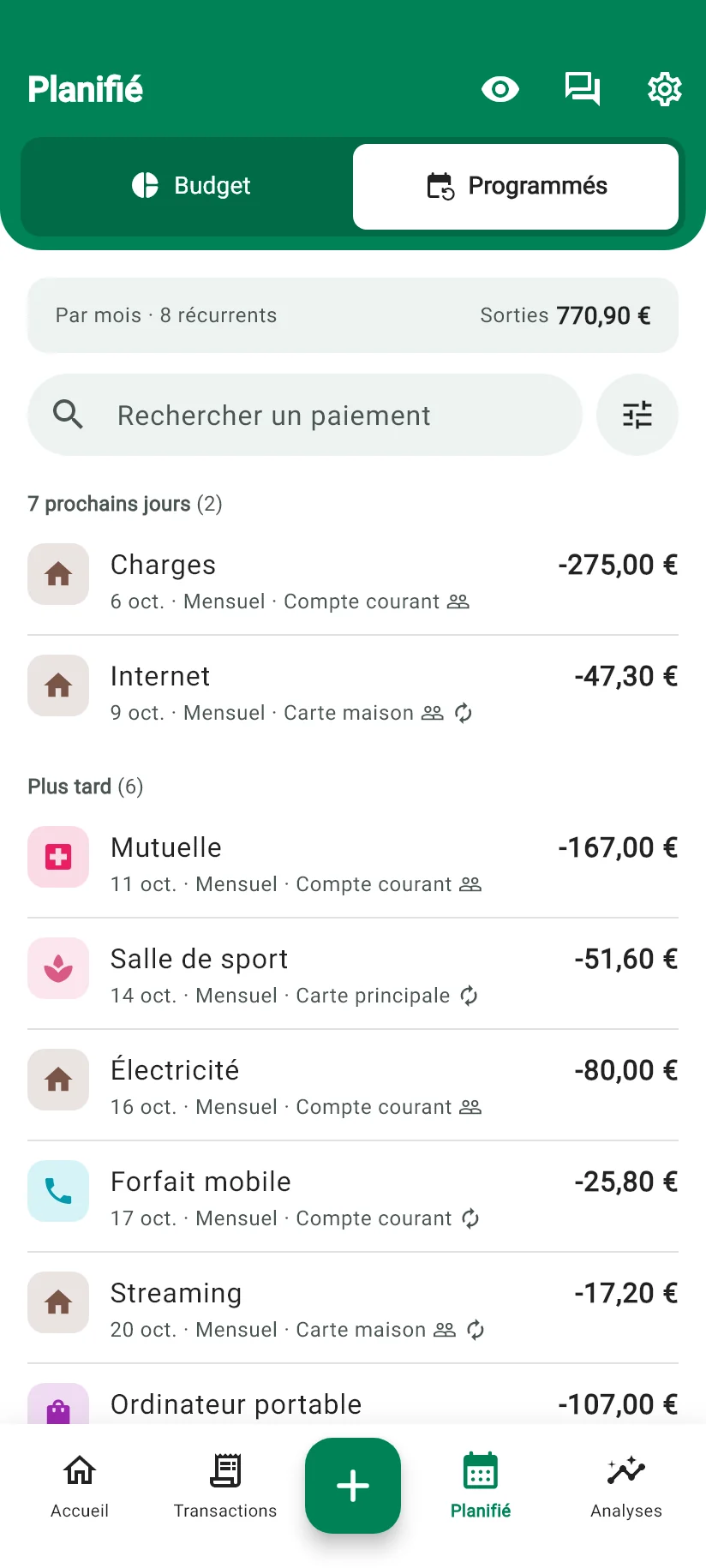 Écran Planifié de Monely avec les paiements programmés du mois