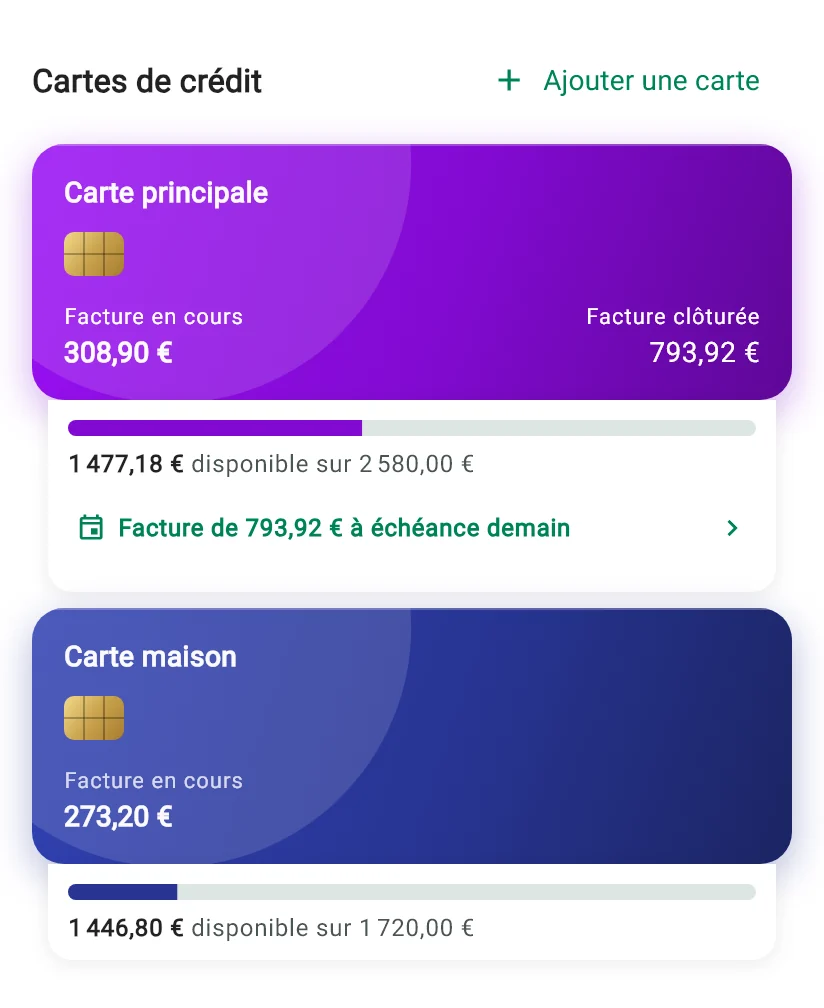 Cartes de crédit sur l'écran d'accueil de Monely, avec facture en cours, facture clôturée et plafond disponible