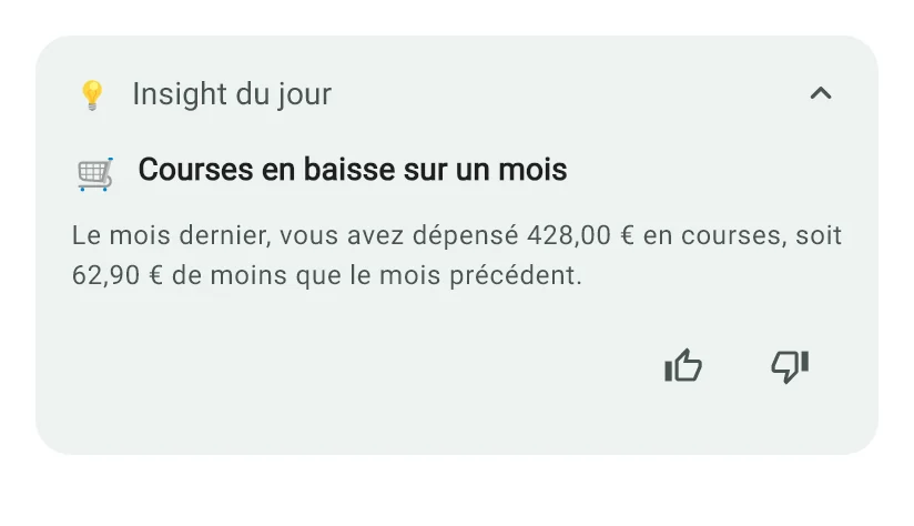 Insight du jour sur l’écran d’accueil de Monely, qui compare les dépenses de courses au mois précédent