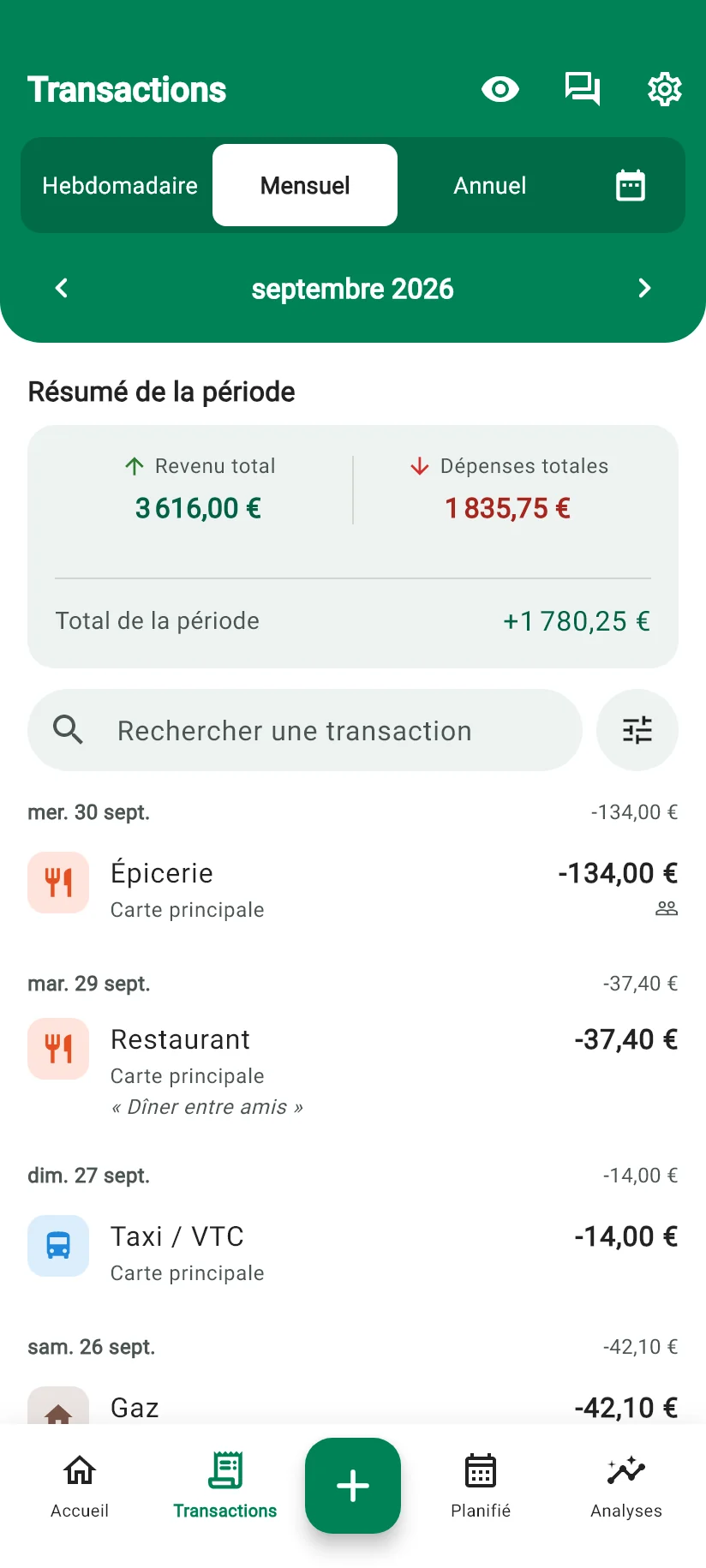 Écran Transactions de Monely avec le résumé de la période et la liste des opérations par jour