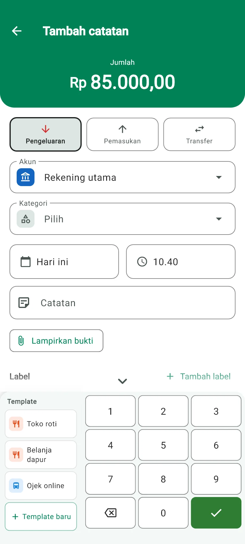 Layar pencatatan Monely dengan nominal yang diketik, akun, kategori, dan papan angka