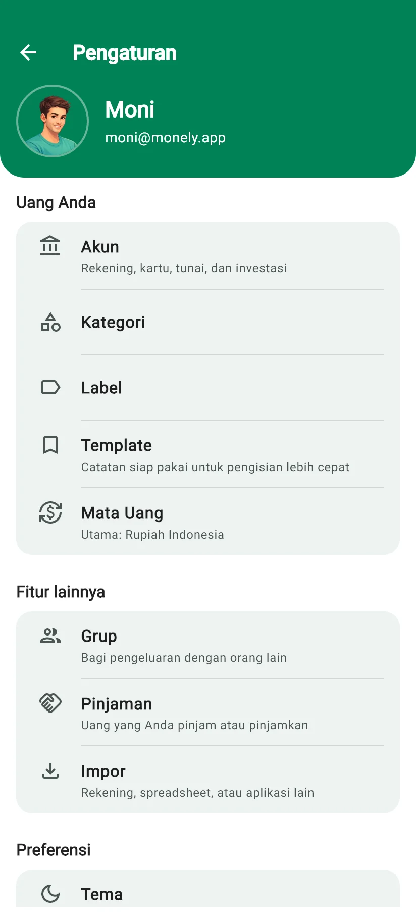 Layar Pengaturan Monely dengan akun, kategori, label, template, dan mata uang, serta fitur Grup, Pinjaman, dan Impor