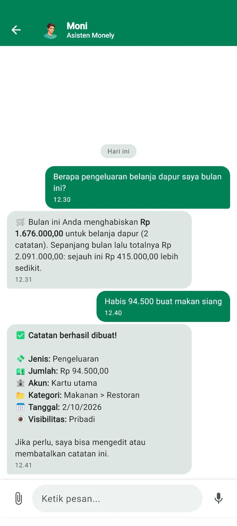 Percakapan dengan Moni di dalam aplikasi, berisi pertanyaan soal pengeluaran dan pencatatan pengeluaran