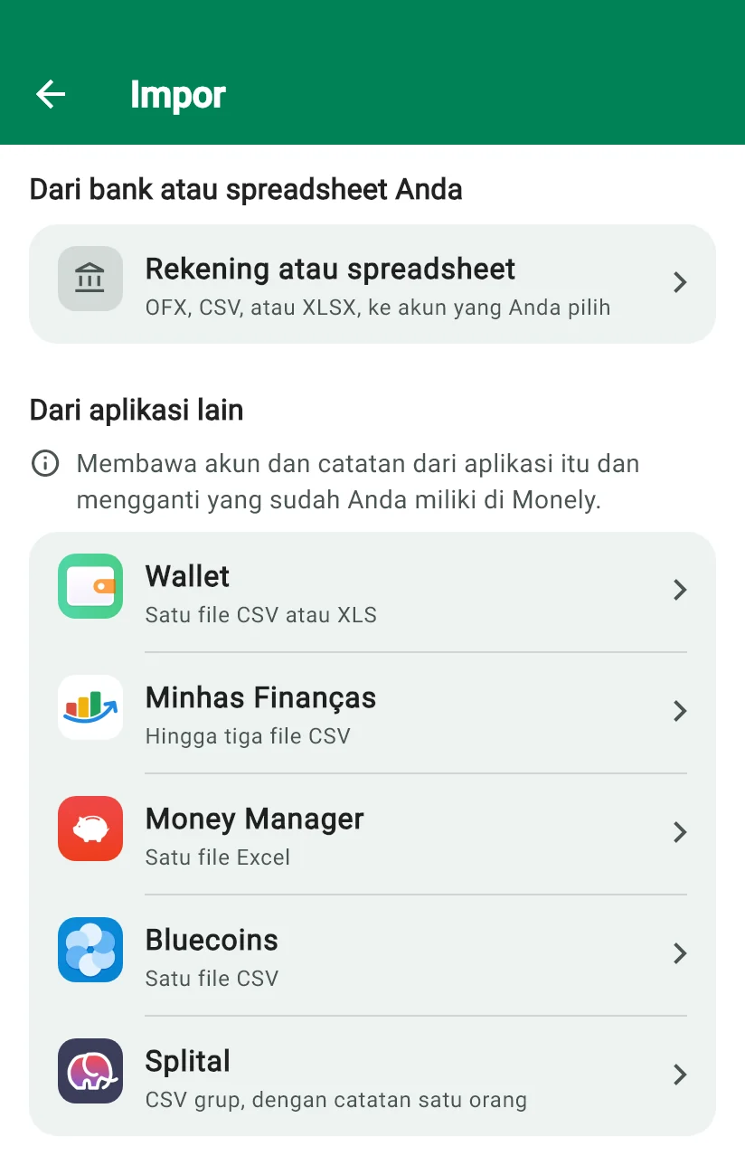 Layar Impor Monely dengan rekening atau spreadsheet dan lima aplikasi yang punya importer langsung: Wallet, Minhas Finanças, Money Manager, Bluecoins, dan Splital
