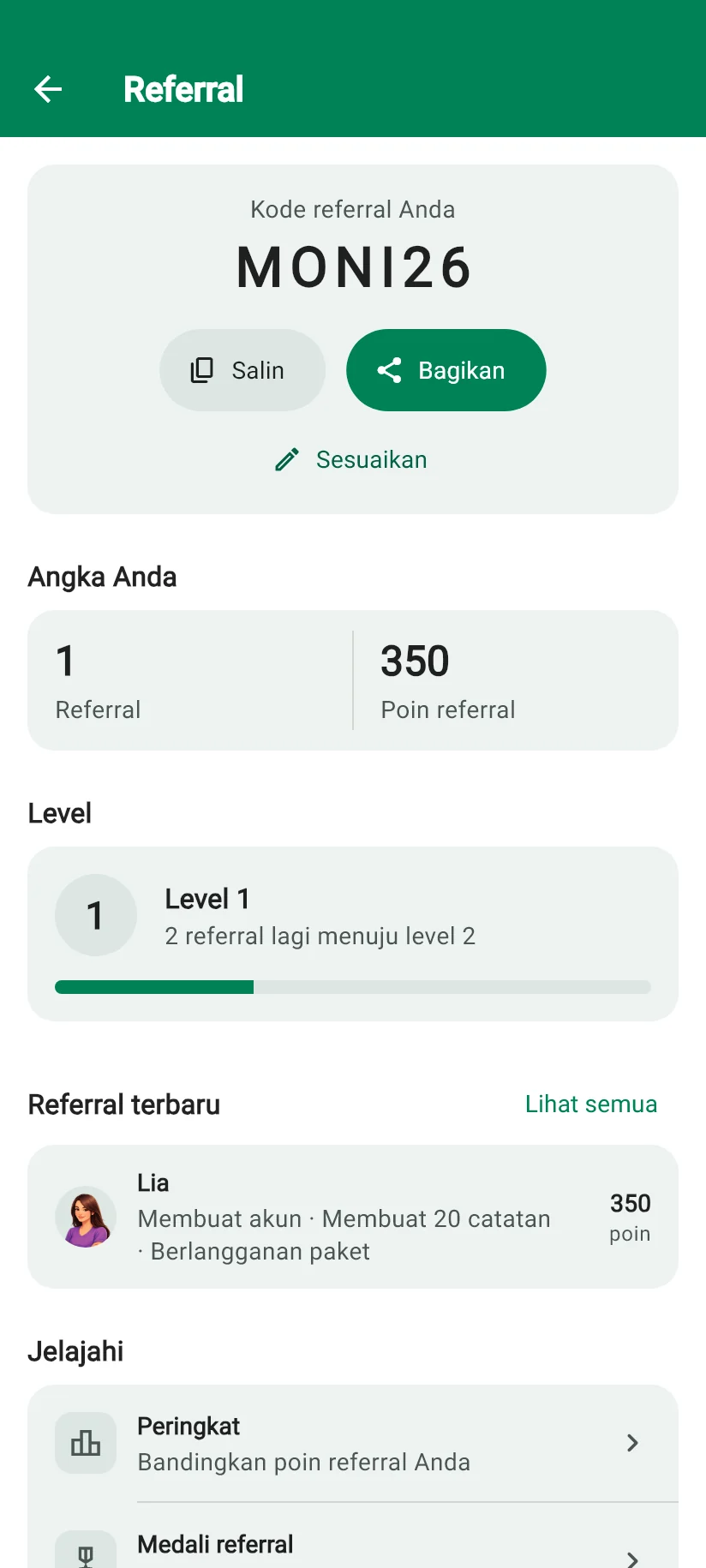 Layar Referral Monely dengan kode referral untuk disalin dan dibagikan, poin, level, dan Lia di antara referral terbaru