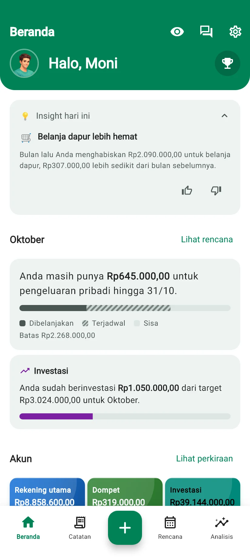 Layar Beranda Monely dengan Insight hari ini, ringkasan bulan, dan akun