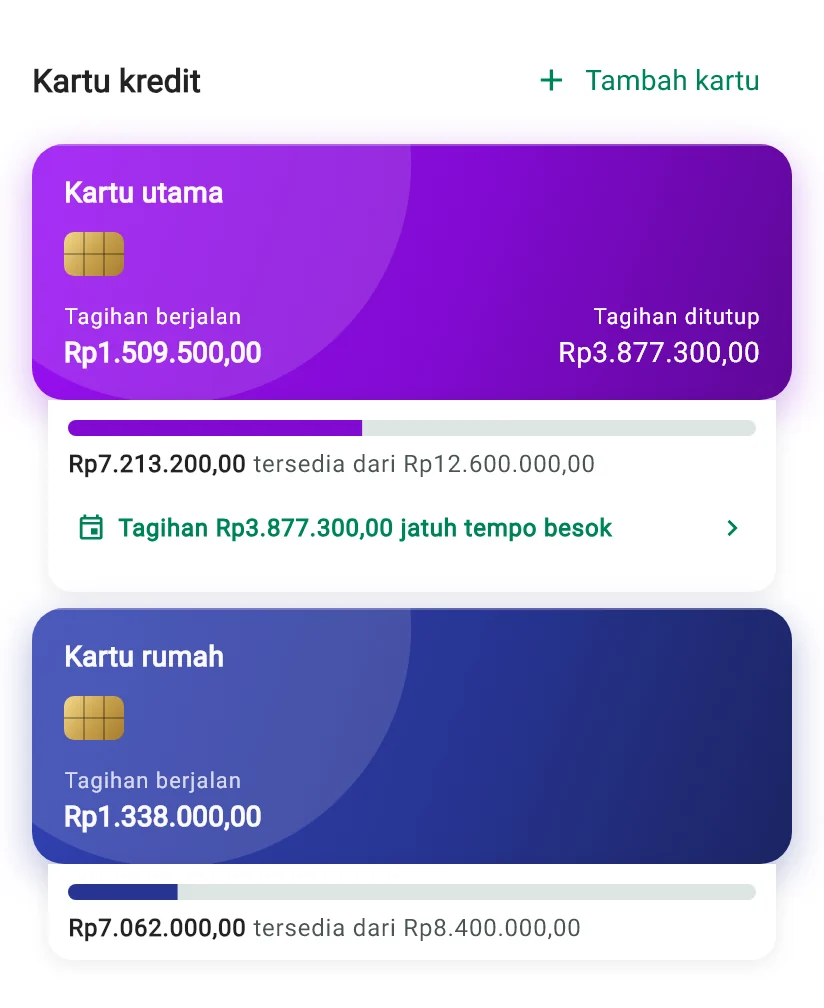Kartu kredit di Beranda Monely, dengan tagihan berjalan, tagihan ditutup, dan limit tersedia