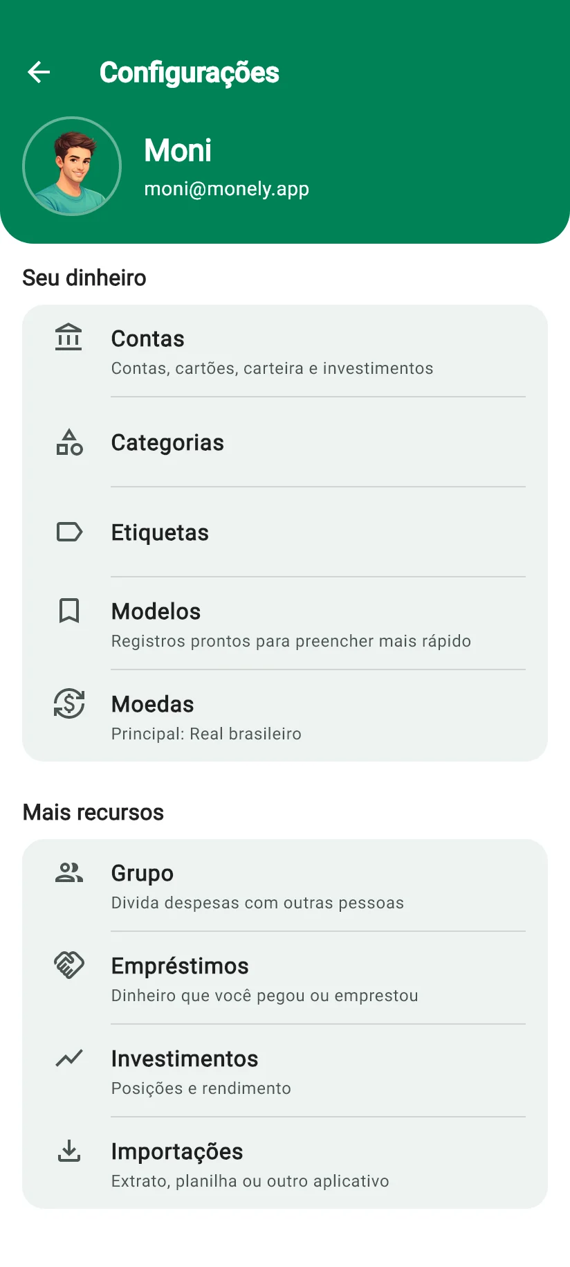 Tela Configurações do Monely com contas, categorias, etiquetas, modelos e moedas, e os recursos Grupo, Empréstimos, Investimentos e Importações