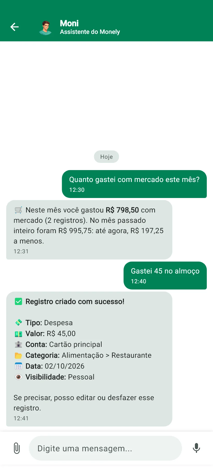 Conversa com o Moni dentro do app, com uma pergunta sobre gastos e um registro de despesa