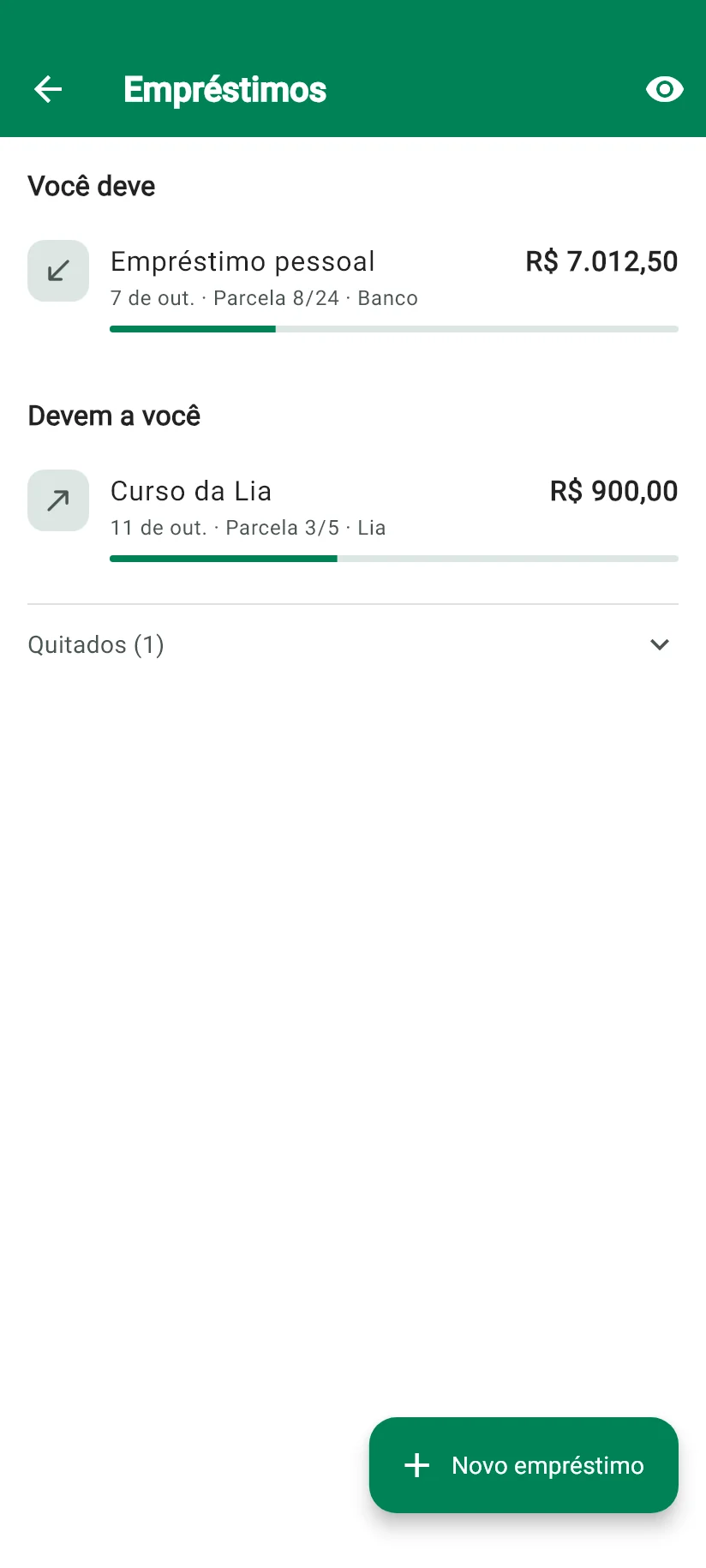 Tela Empréstimos do Monely com o que você deve, o que devem a você e quanto falta