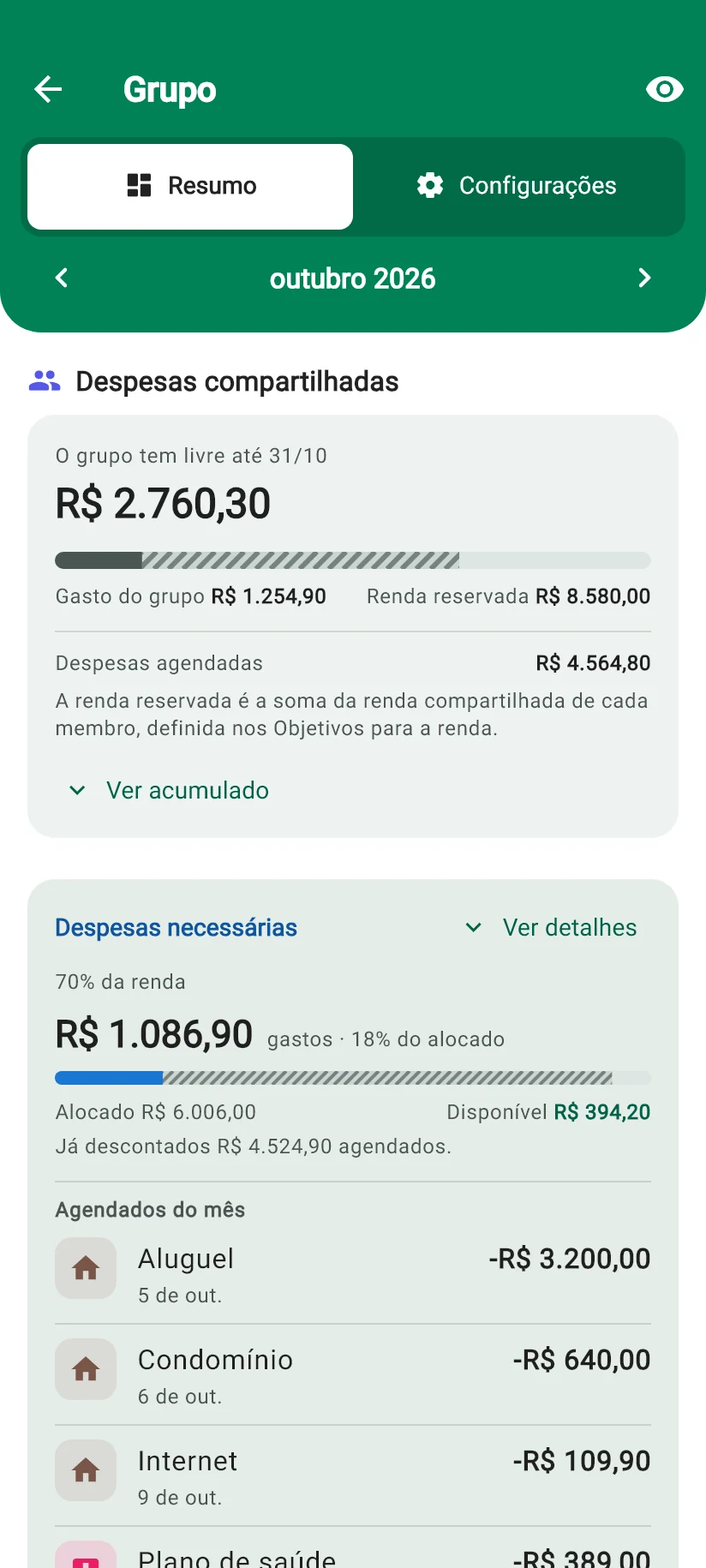Tela Grupo do Monely com as despesas compartilhadas entre o Moni e a Lia