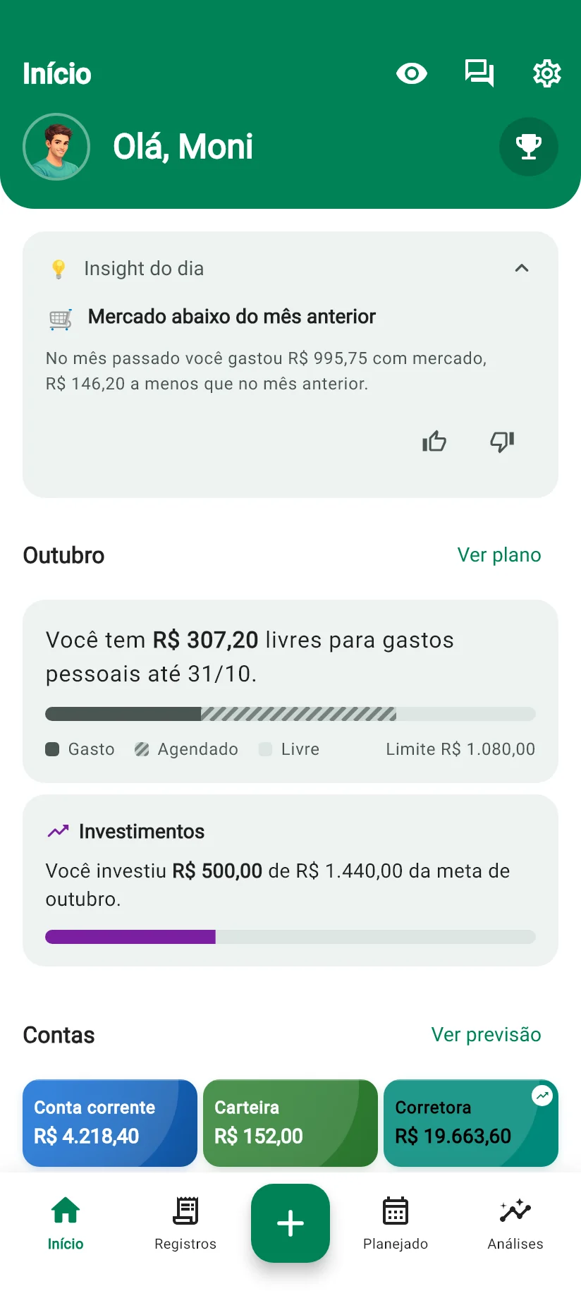 Tela Início do Monely com o Insight do dia, o resumo do mês e as contas