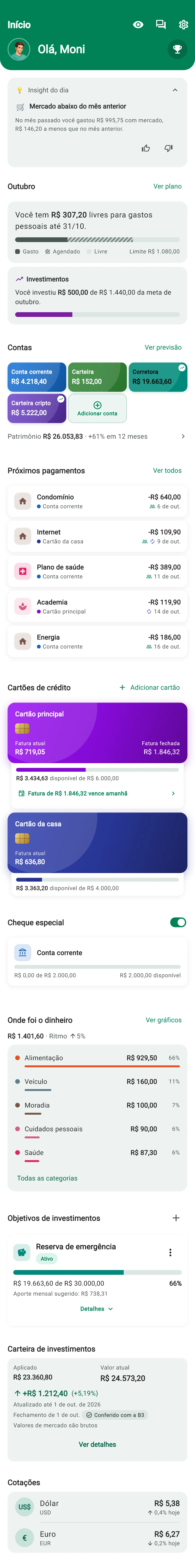 Tela Início do app Monely com o Insight do dia, o resumo do mês, as contas, os próximos pagamentos e os cartões