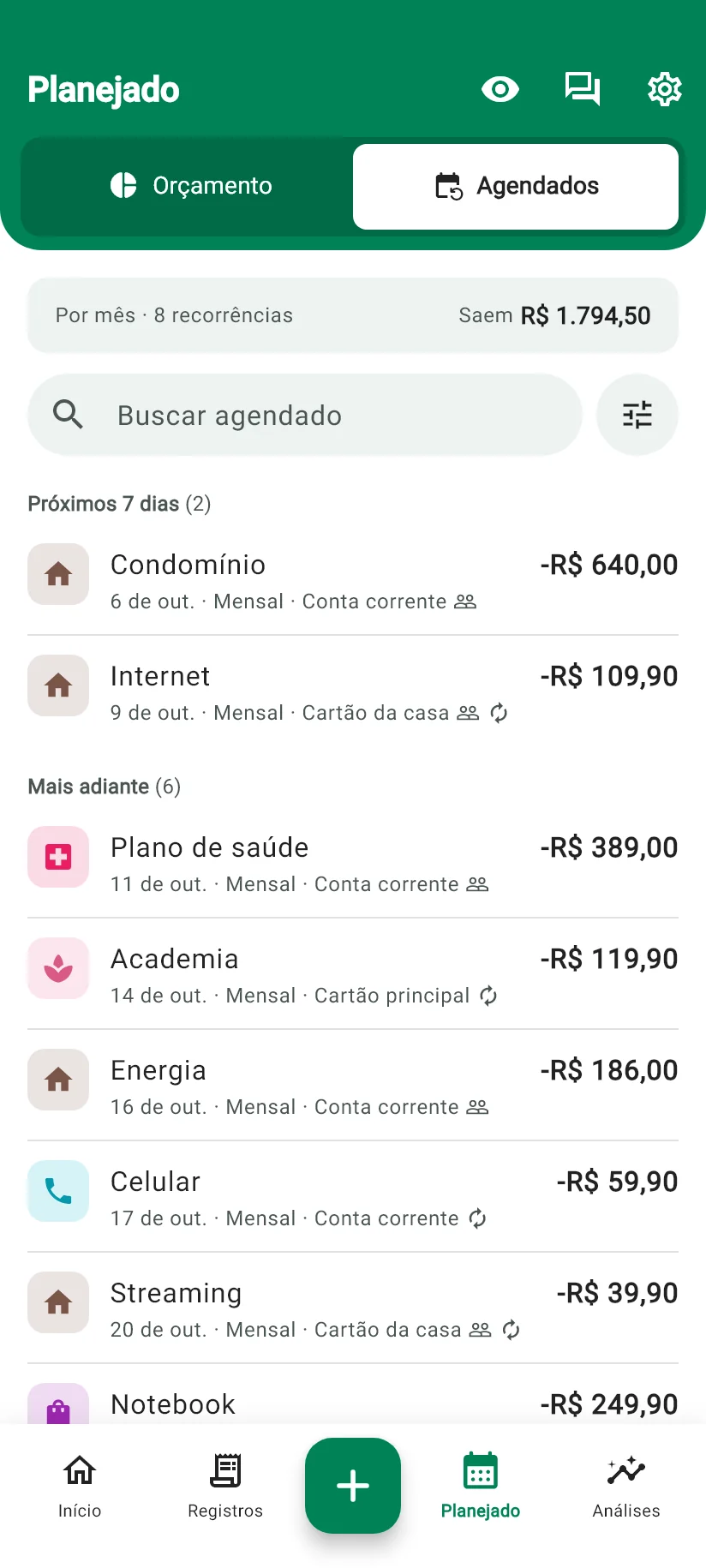Tela Planejado do Monely com os pagamentos agendados do mês