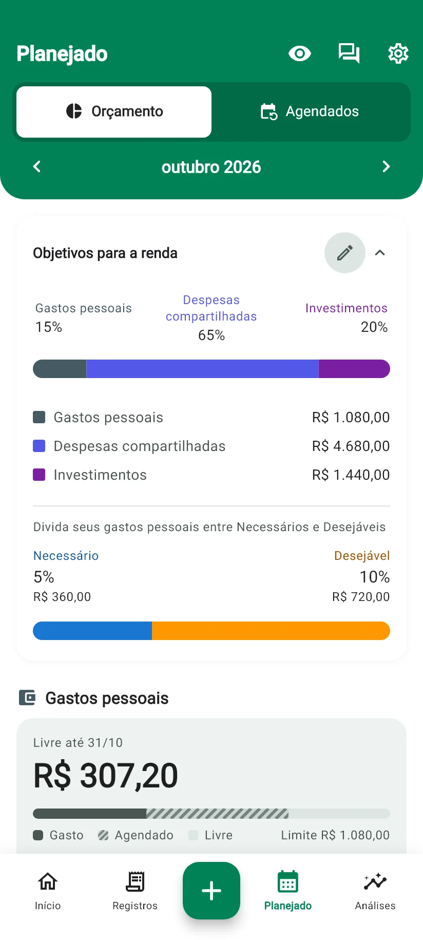 Tela Planejado do Monely com os objetivos para a renda e o limite de gastos pessoais